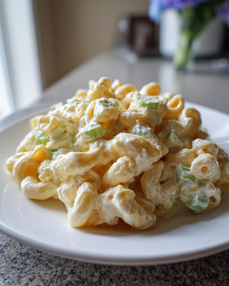 A close-up serving of creamy American Macaroni Salad mixed with chopped celery on a white plate.