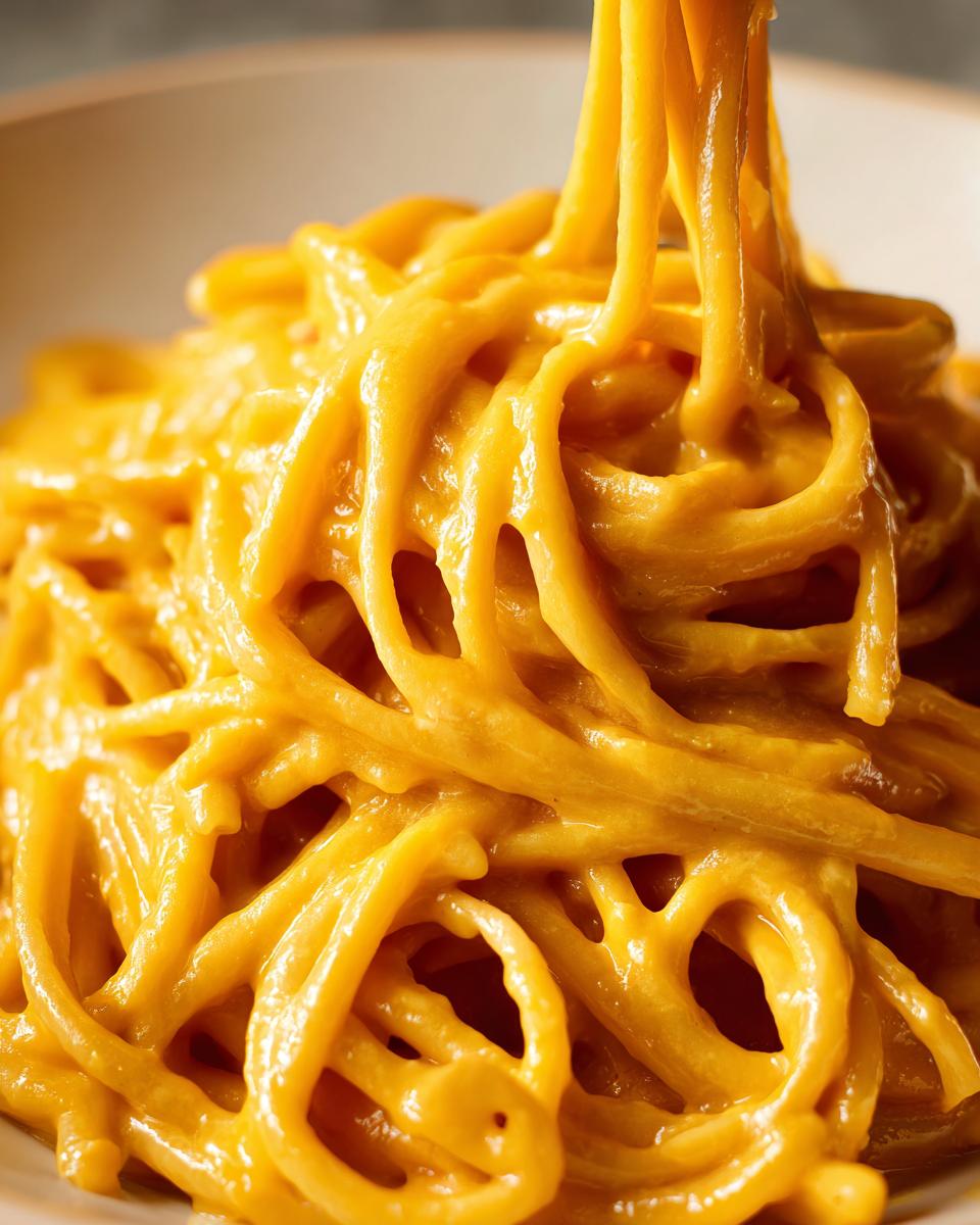Close-up of spaghetti noodles being lifted, heavily coated in a thick, vibrant orange Butternut Squash Pasta Sauce.