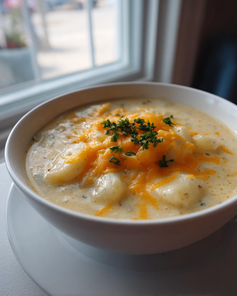 A close-up of a bowl of creamy Crack Potato Soup topped with melted cheddar cheese and fresh parsley.