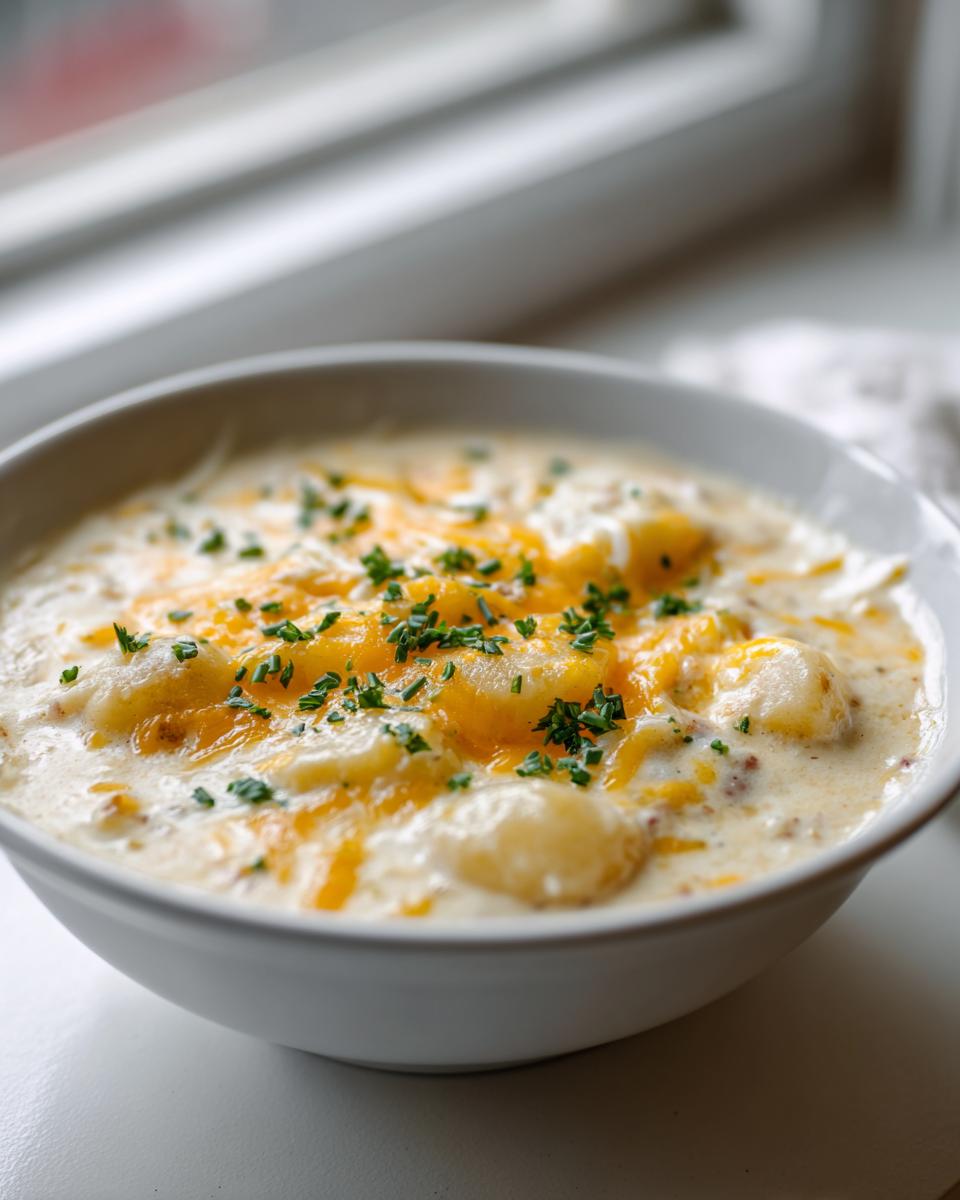 A close-up of a bowl of creamy Crack Potato Soup topped with melted cheddar cheese and fresh chives.