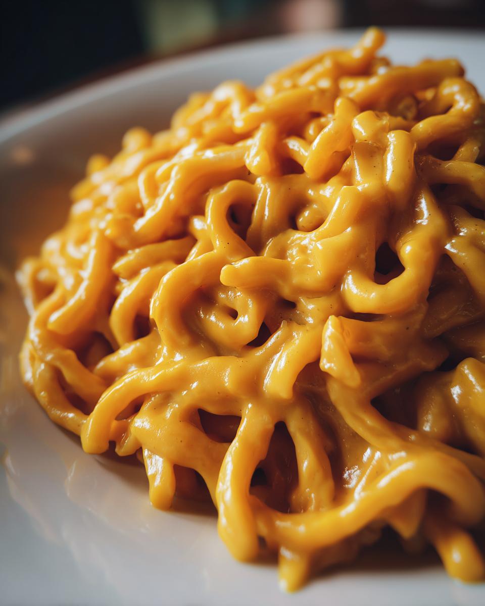 Close-up of thick, creamy pasta coated entirely in a rich orange Butternut Squash Pasta Sauce.