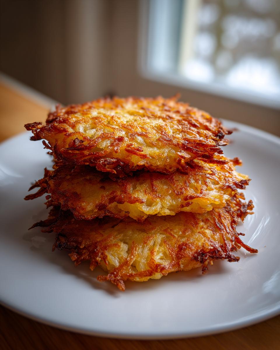 A stack of three golden-brown, crispy German Potato Pancakes piled on a white plate.