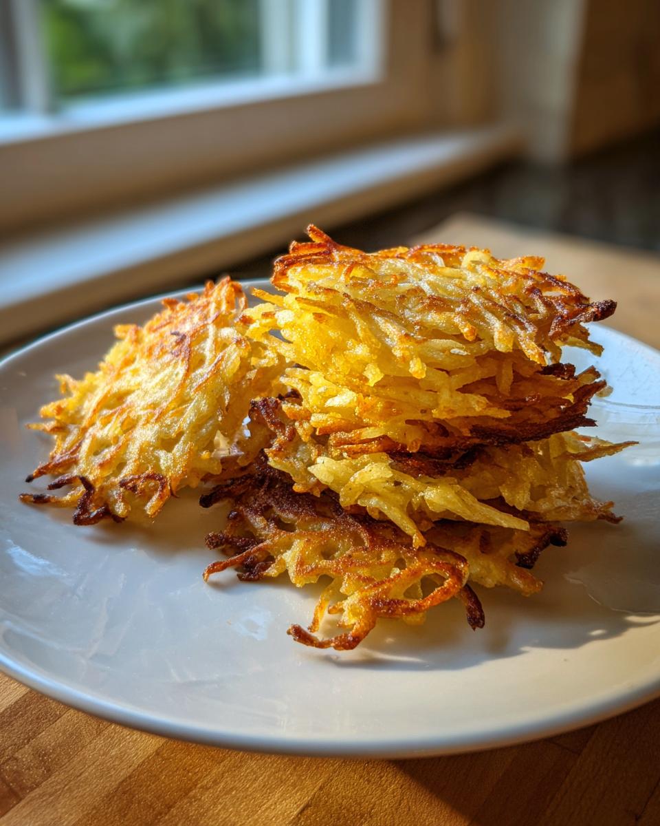 A stack of golden brown, crispy German Potato Pancakes piled high on a white plate.