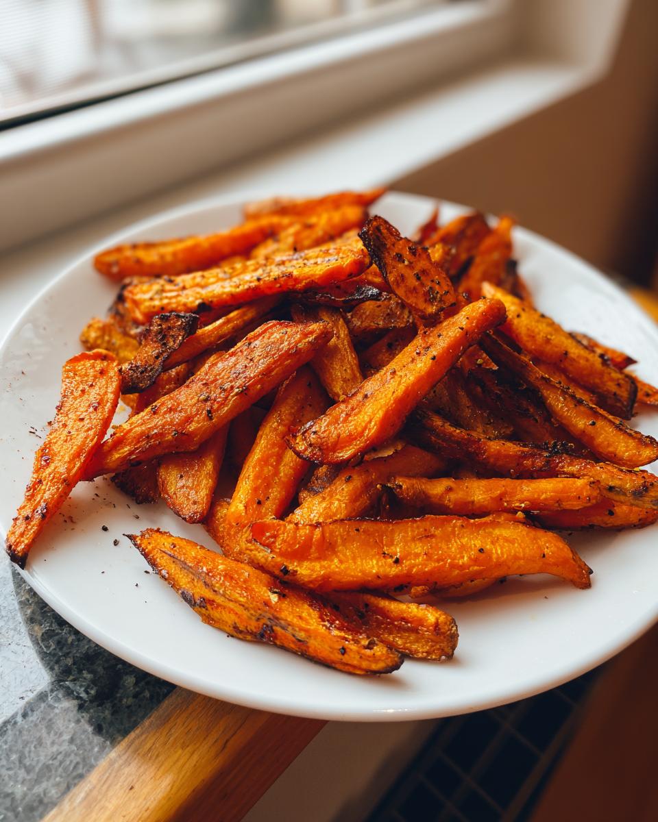 A close-up of perfectly cooked, seasoned, and Crispy Smashed Carrots piled high on a white plate.