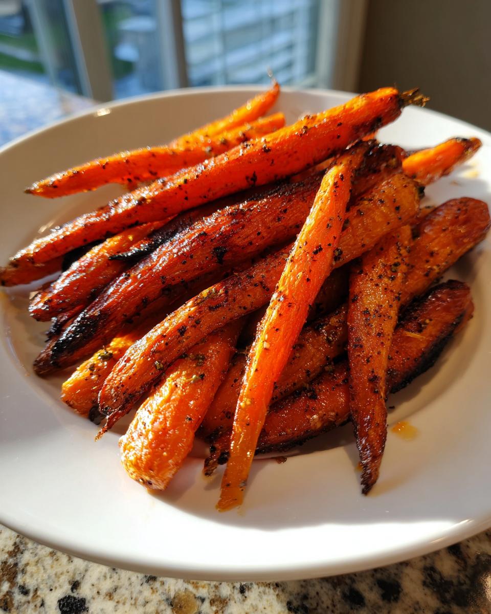 A close-up of beautifully caramelized and seasoned Crispy Smashed Carrots piled high on a white plate.
