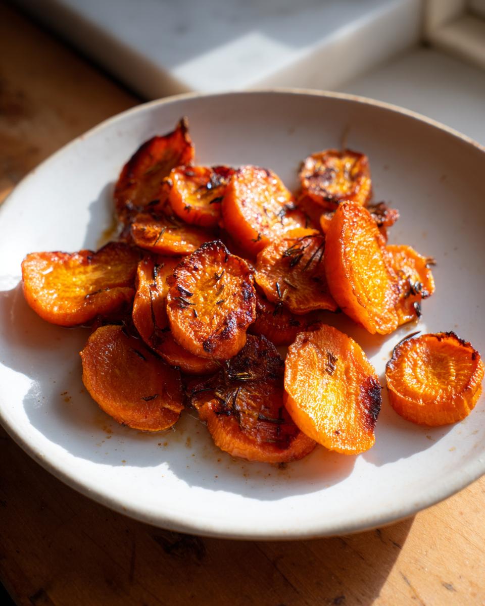 A white plate filled with beautifully caramelized and slightly charred Crispy Smashed Carrots seasoned with herbs.