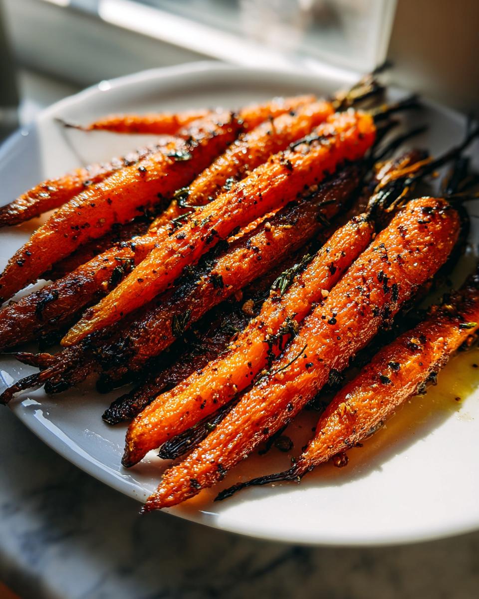 A close-up of perfectly roasted and seasoned Crispy Smashed Carrots piled on a white plate.