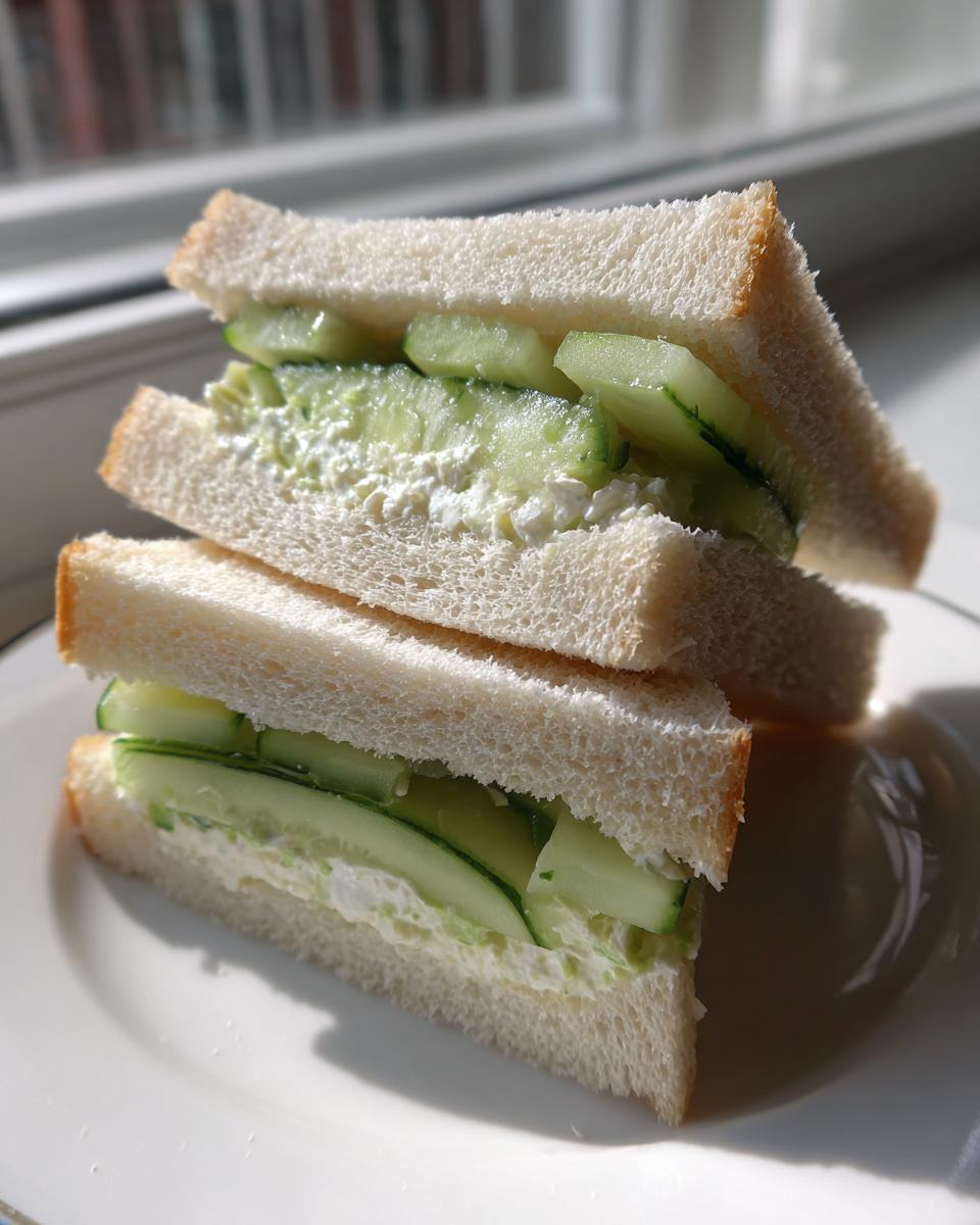 A stack of two halves of Cucumber Salad Sandwiches made with white bread and creamy filling and fresh cucumber slices.