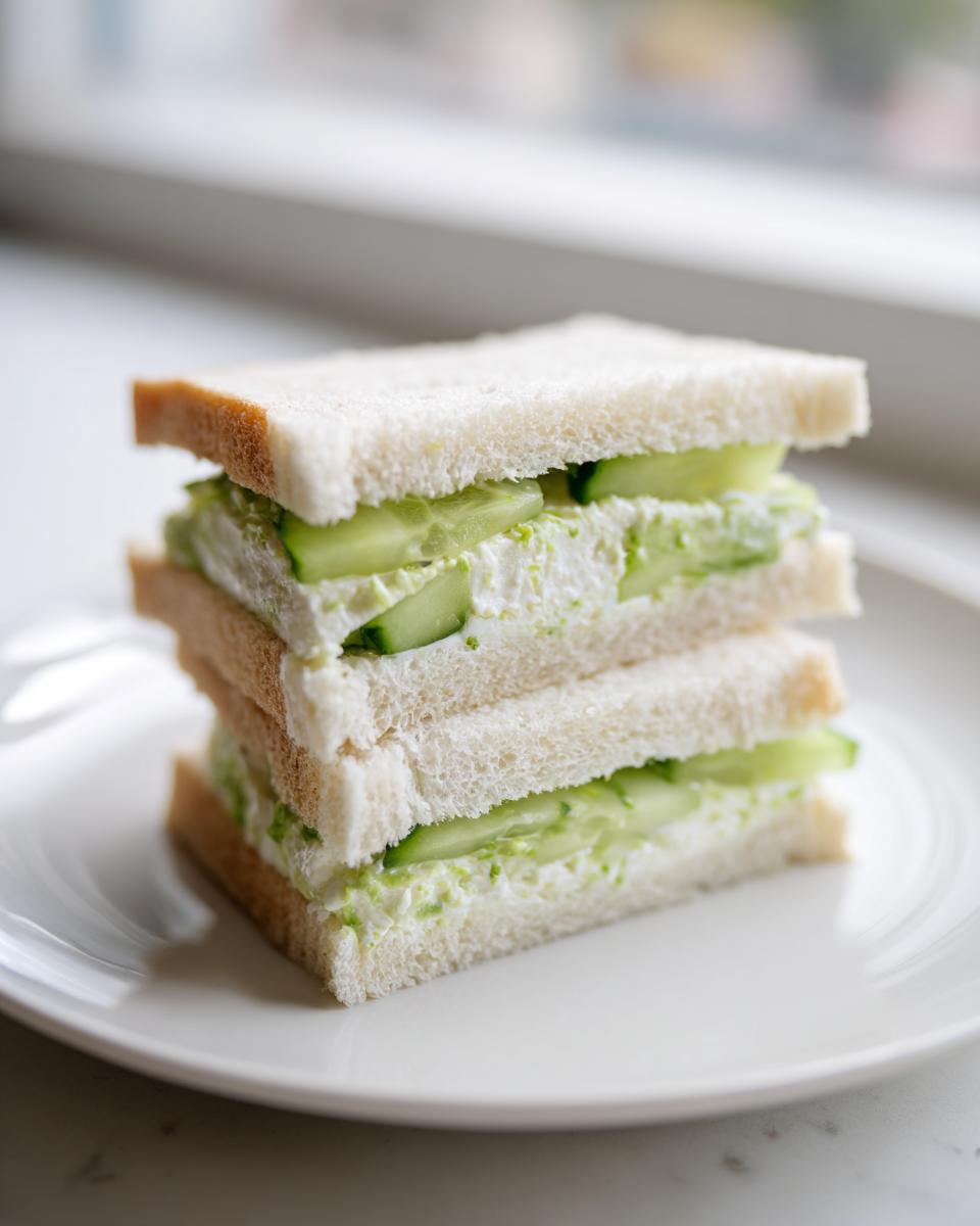 A stack of two halves of Cucumber Salad Sandwiches made with white bread and creamy cucumber filling.