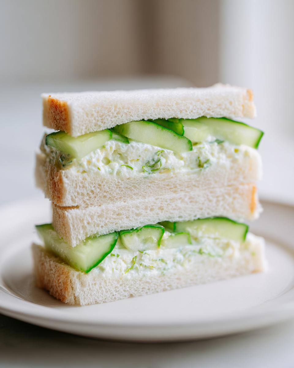 A stack of two halves of crustless Cucumber Salad Sandwiches filled with cream cheese spread and fresh cucumber slices.