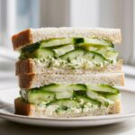 Close-up of two stacked Cucumber Salad Sandwiches made with white bread, sliced cucumbers, and a creamy dill spread.