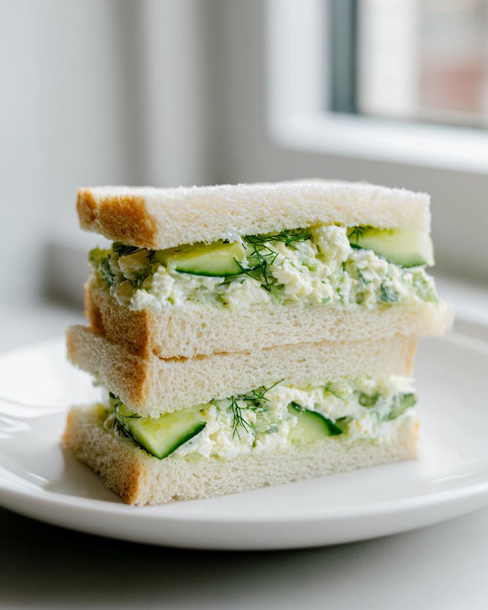 Two stacked halves of Cucumber Salad Sandwiches made with soft white bread, creamy filling, and fresh cucumber slices.
