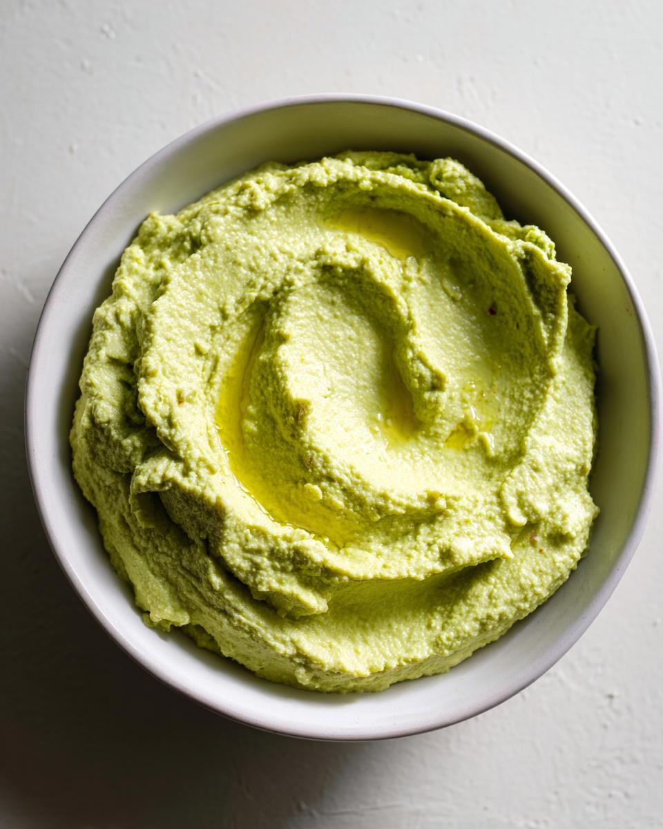 Overhead view of bright green Edamame Hummus swirled in a light grey bowl, drizzled with olive oil.