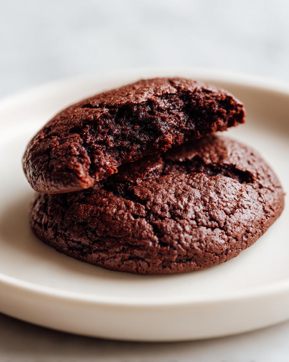 Two rich, dark chocolate Vegan Black Bean Cookies stacked on a light plate, one broken open to show the soft interior.