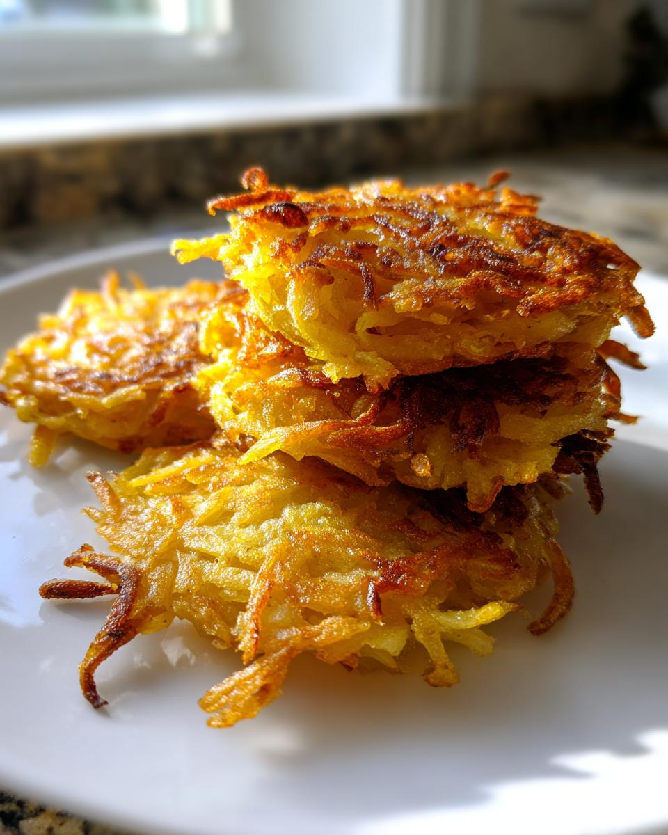 A stack of four crispy, golden brown German Potato Pancakes piled high on a white plate.