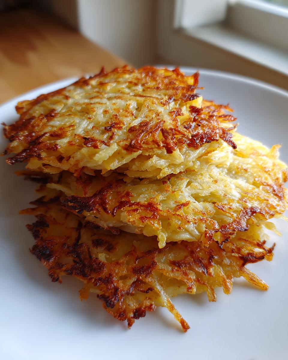 A close-up stack of three perfectly crispy, golden brown German Potato Pancakes on a white plate.