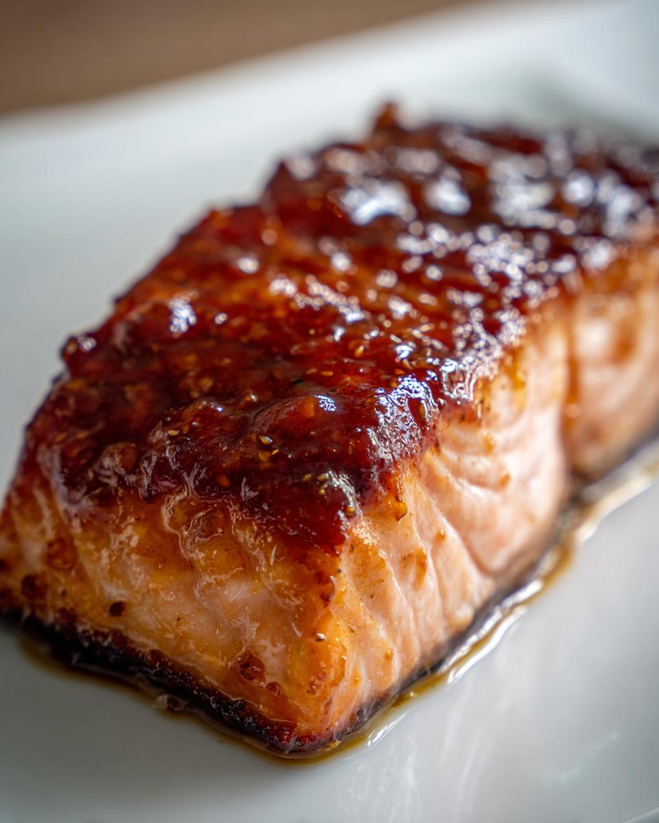 Close-up of a perfectly cooked Miso Salmon fillet with a thick, shiny, caramelized glaze on top.