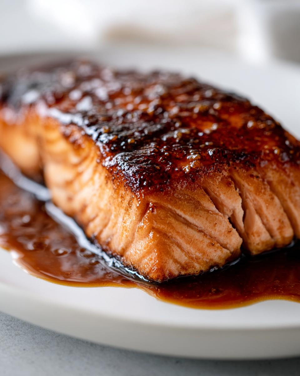 Close-up of a perfectly cooked Miso Salmon fillet with a dark, caramelized glaze resting in its sauce on a white plate.