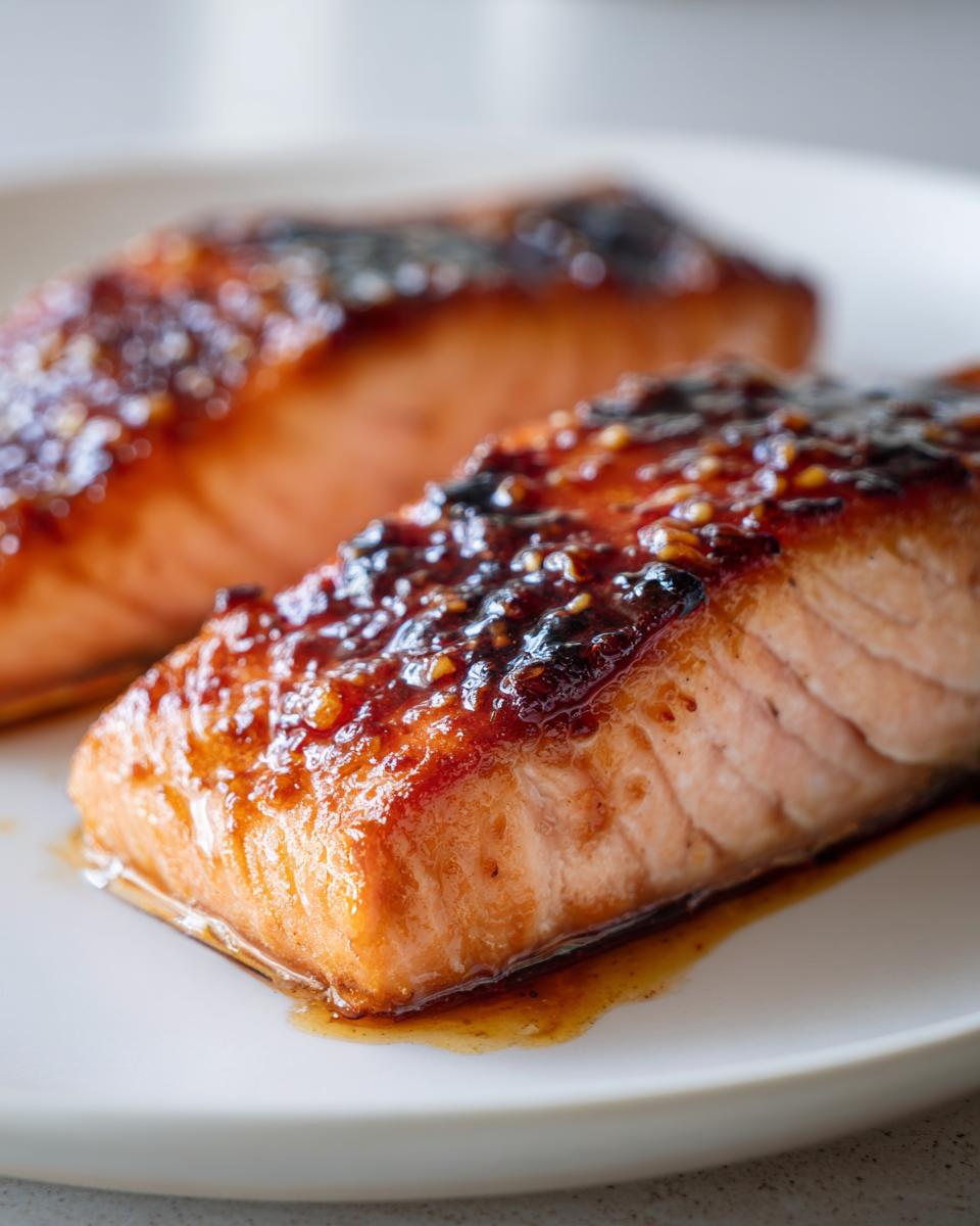 Two perfectly cooked fillets of Miso Salmon resting on a white plate, covered in a rich, caramelized glaze.