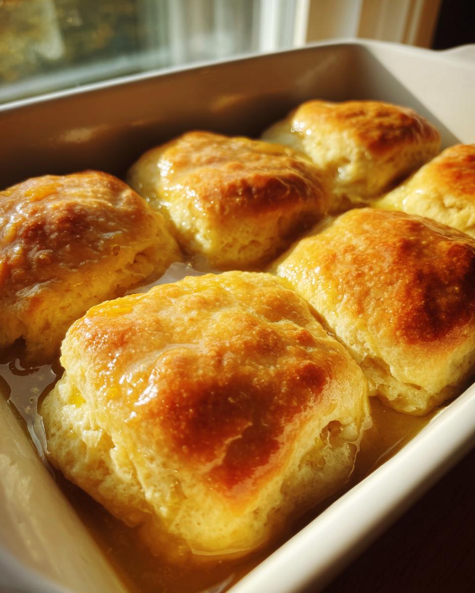 Close-up of golden brown Butter Swim Biscuits baked in a white dish, soaking in melted butter.