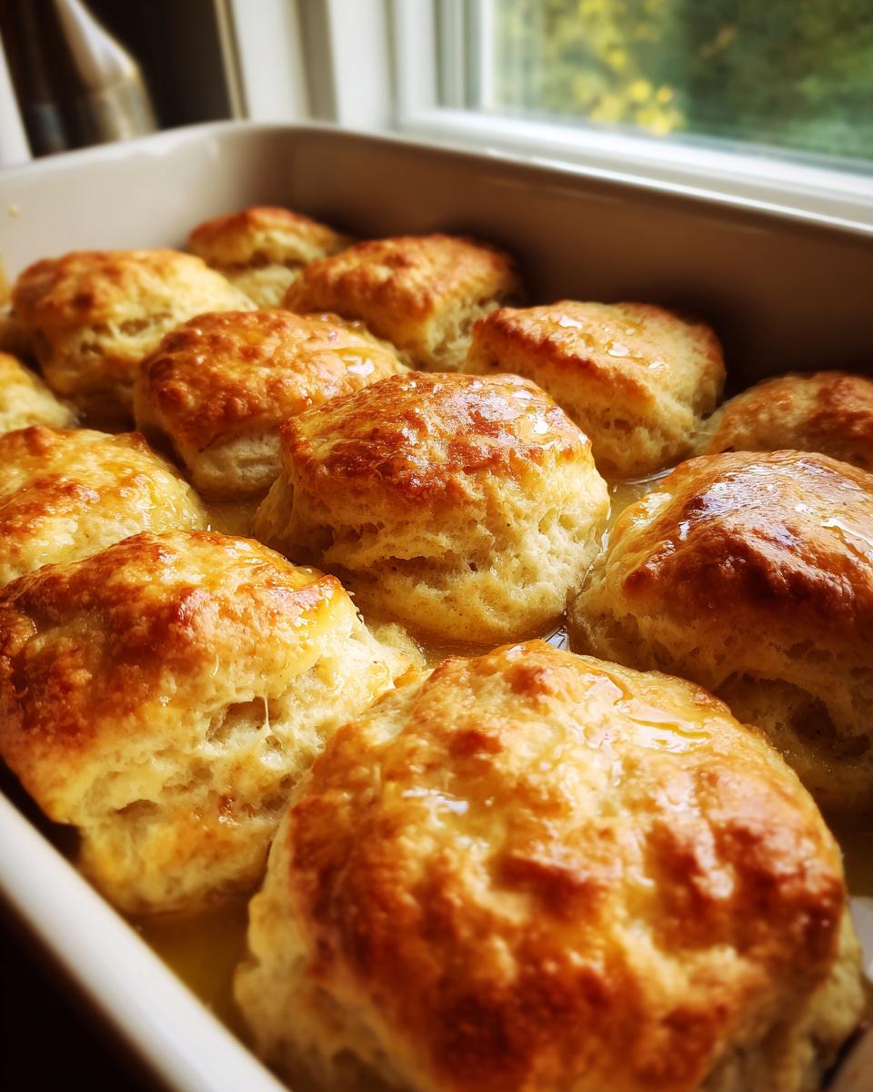 Close-up of golden brown Butter Swim Biscuits soaking in melted butter in a baking dish.