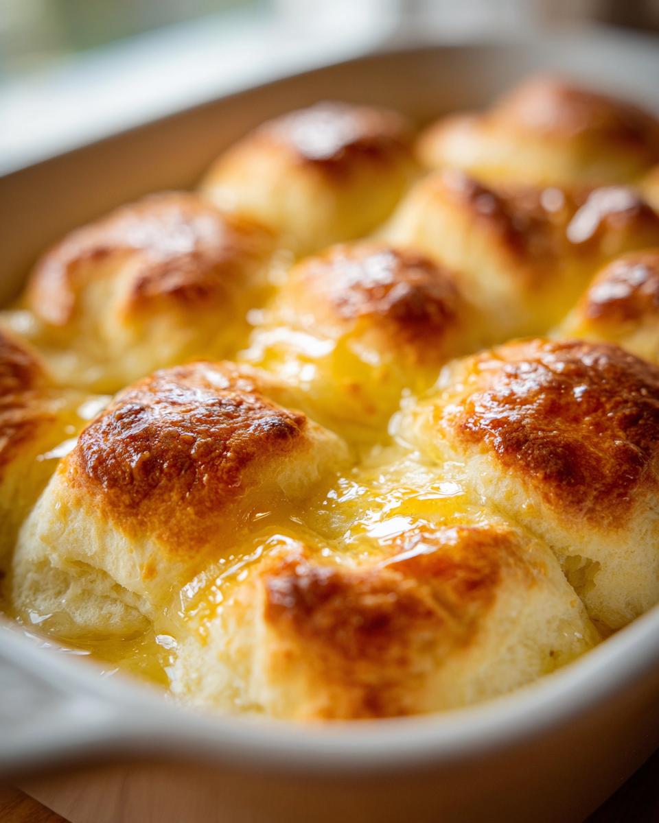 Close-up of golden brown Butter Swim Biscuits soaking in melted butter in a baking dish.