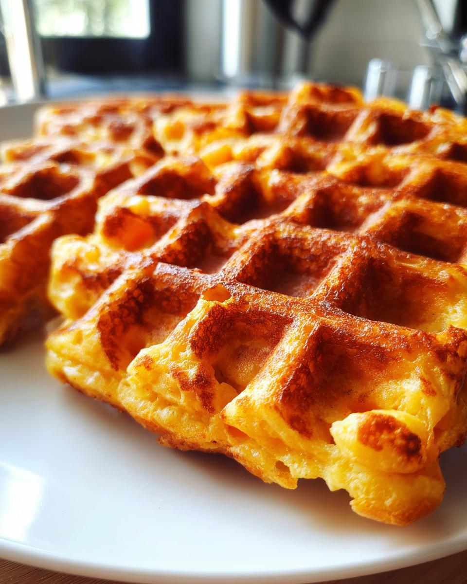 Close-up of golden brown, crispy Cauliflower Waffles served on a white plate.