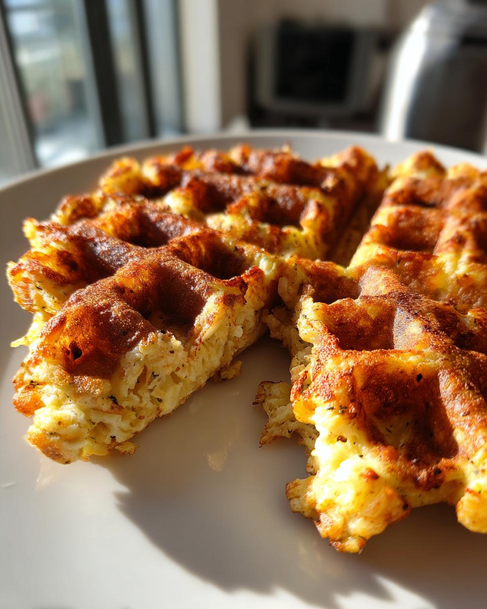 Close-up of golden brown, crispy Cauliflower Waffles on a white plate, showing the texture inside.