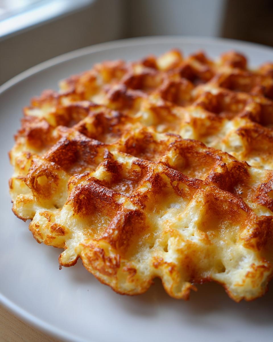 Close-up of a perfectly golden brown, crispy Cauliflower Waffles on a white plate.