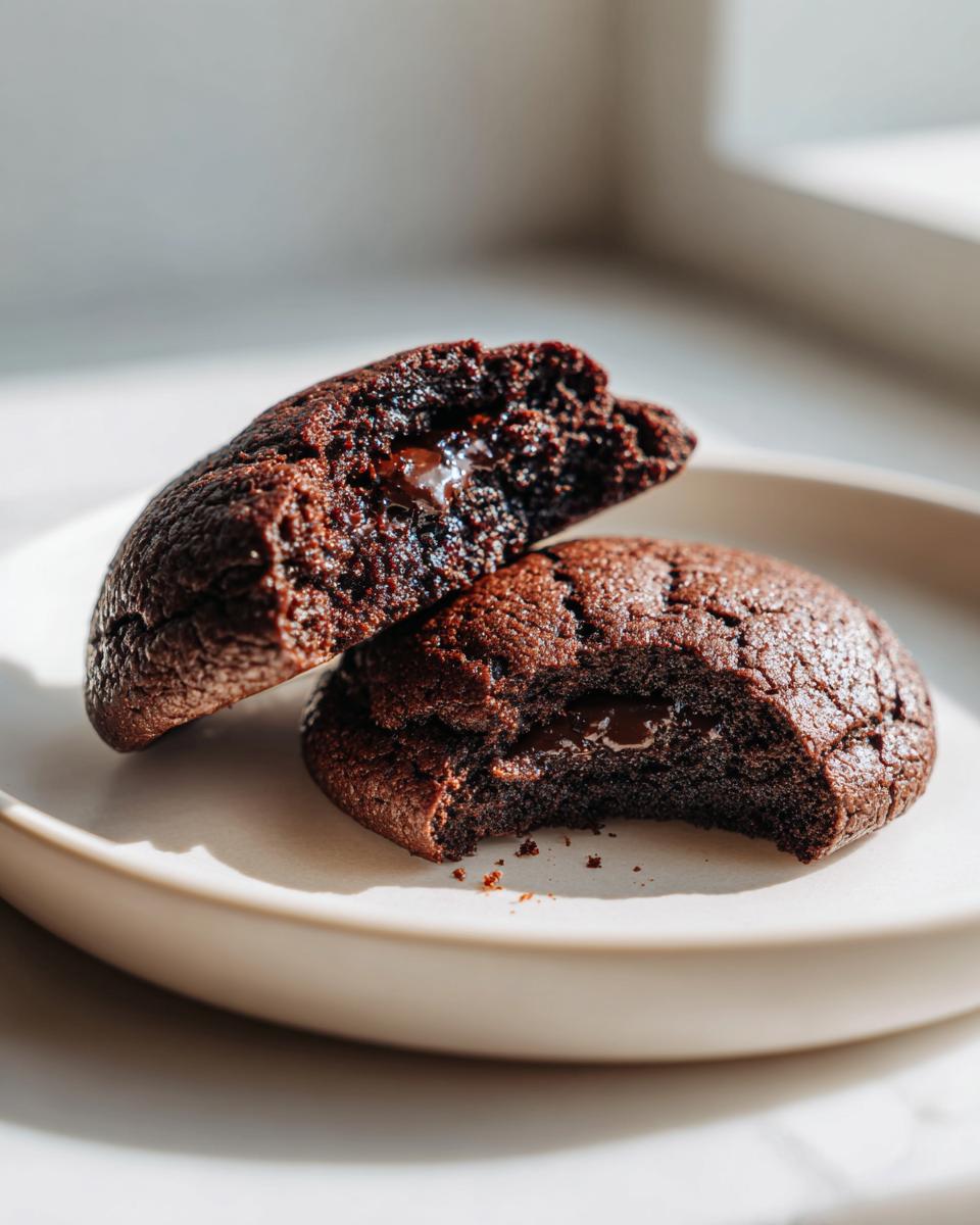 Close-up of a rich, dark Vegan Black Bean Cookies broken in half showing a molten chocolate center.