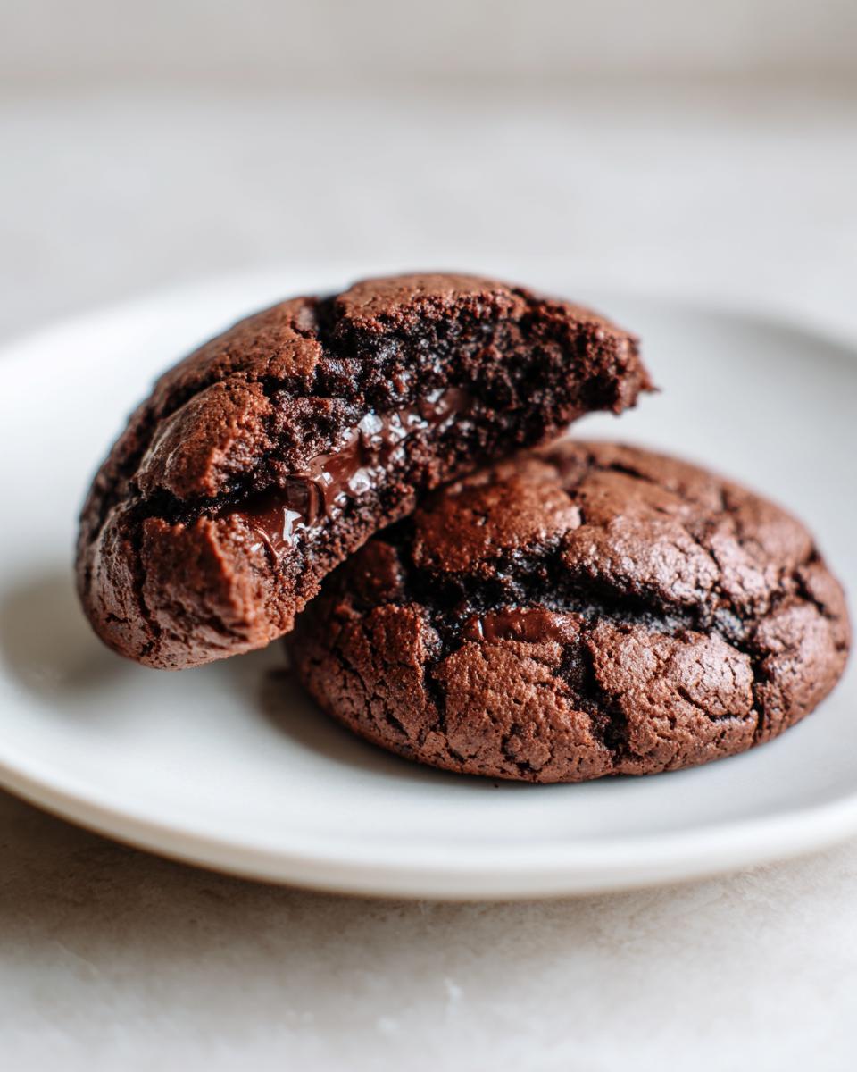 Two rich, dark chocolate Vegan Black Bean Cookies on a white plate, one broken open to show a molten chocolate center.