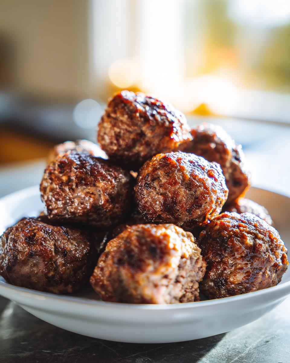 Close-up of a stack of freshly browned, tender Italian Meatballs piled high in a white bowl.