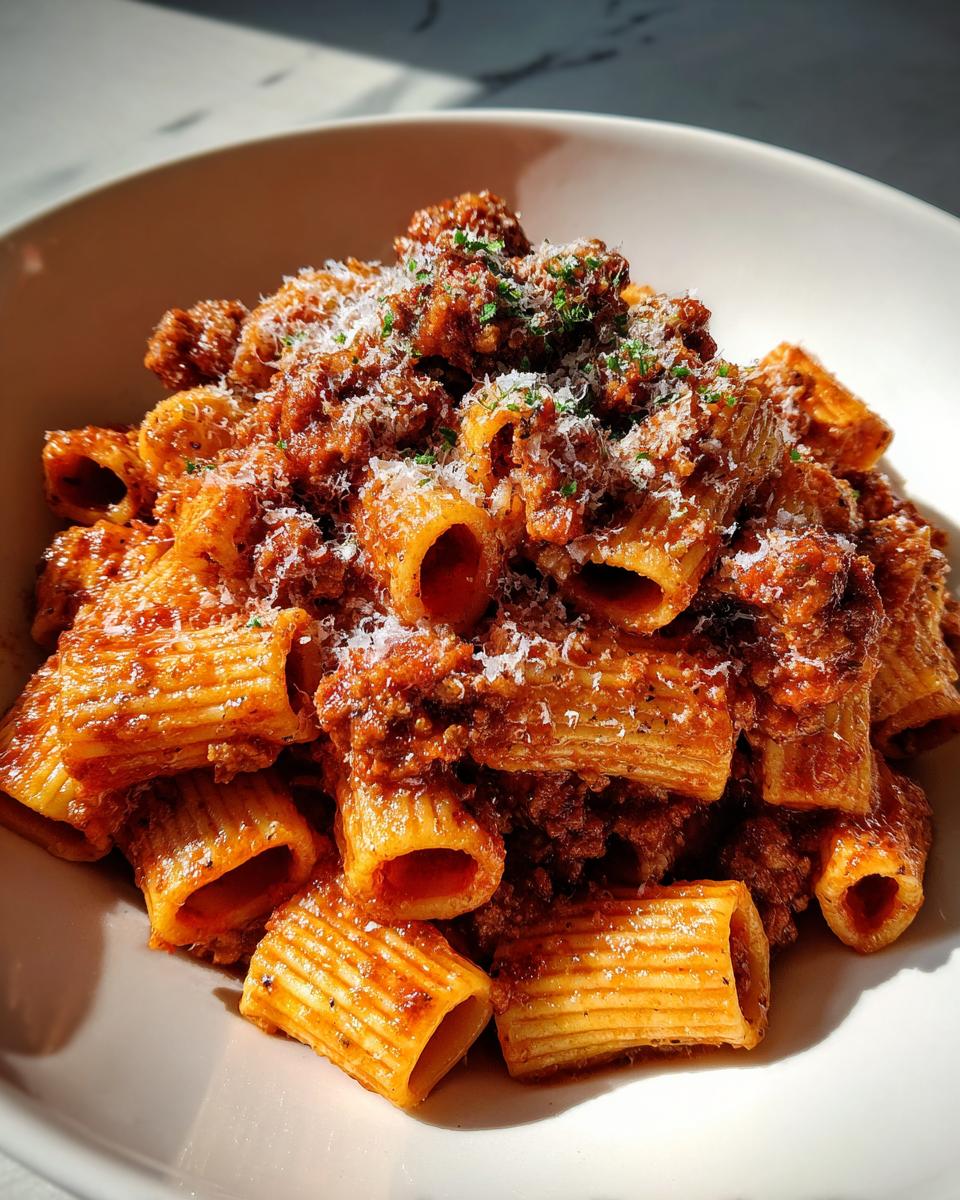 A close-up, sunlit bowl of Italian Sausage Rigatoni coated in rich meat sauce and topped with grated Parmesan cheese.