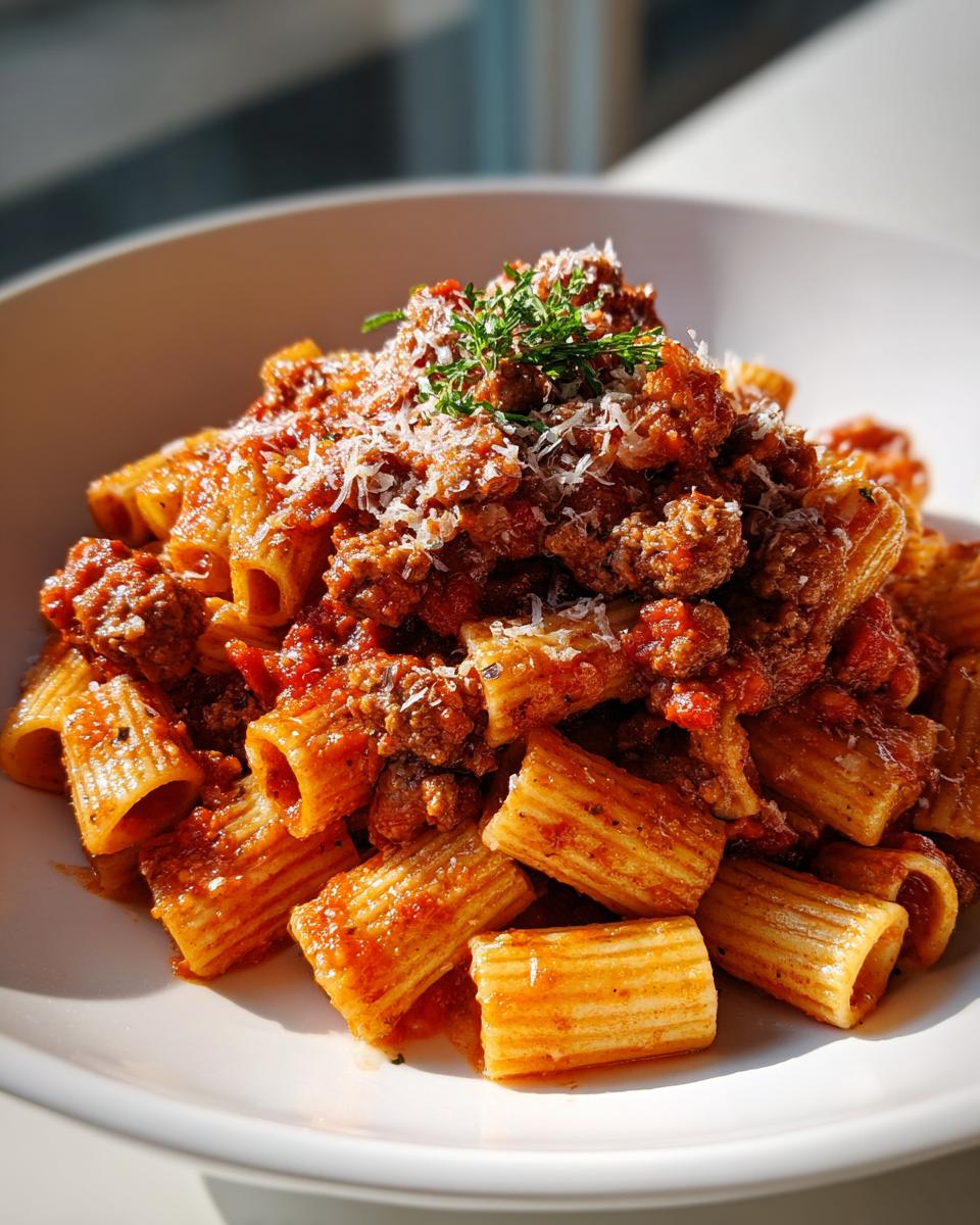 Close-up of a bowl of Italian Sausage Rigatoni coated in rich red sauce, topped with grated Parmesan and fresh herbs.