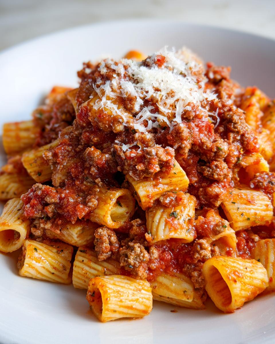 A close-up of Italian Sausage Rigatoni pasta tossed in a rich meat sauce and topped with grated Parmesan cheese.