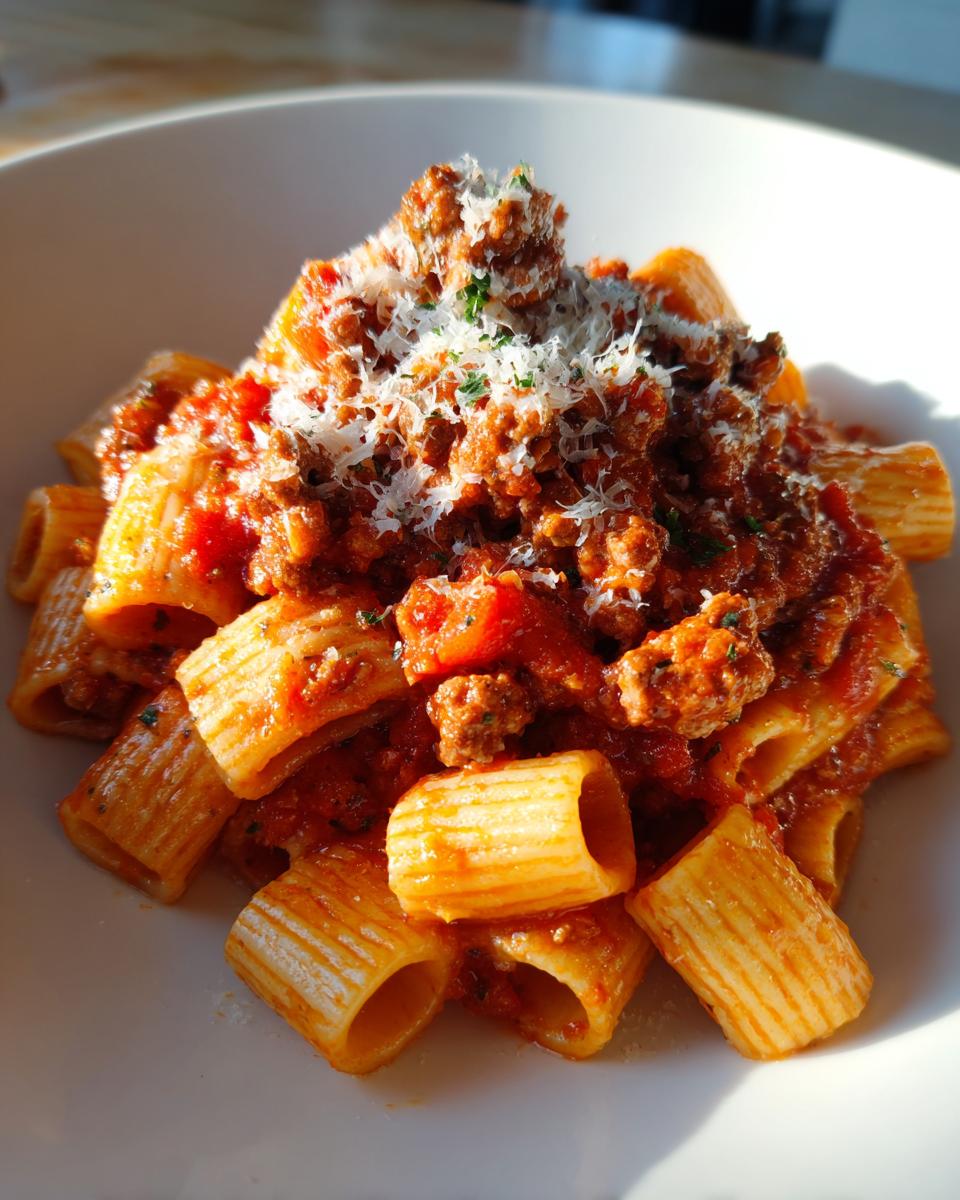 A close-up serving of Italian Sausage Rigatoni coated in rich tomato sauce and topped with grated Parmesan cheese.