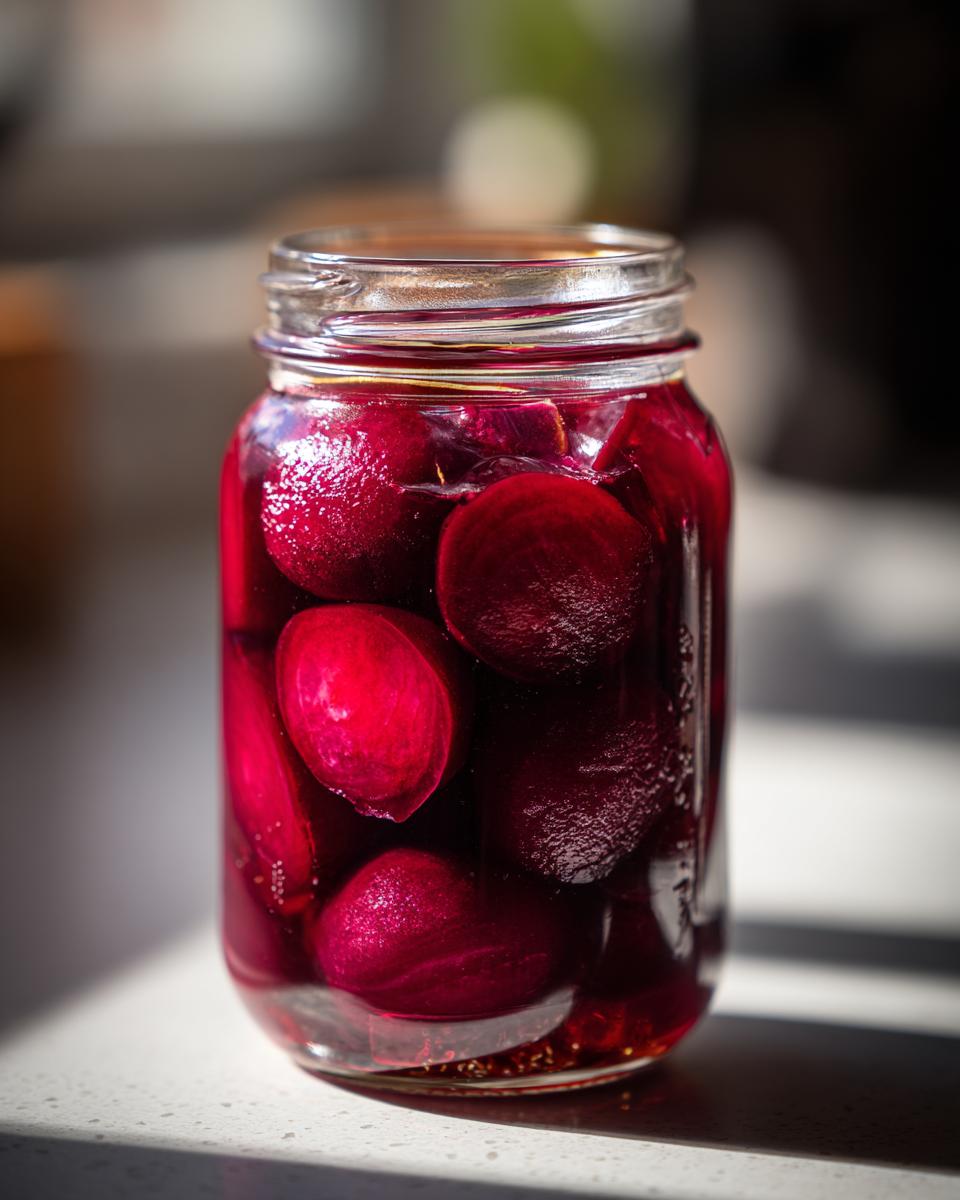 Close-up of sliced, vibrant red pickled beets submerged in liquid inside a clear glass jar.