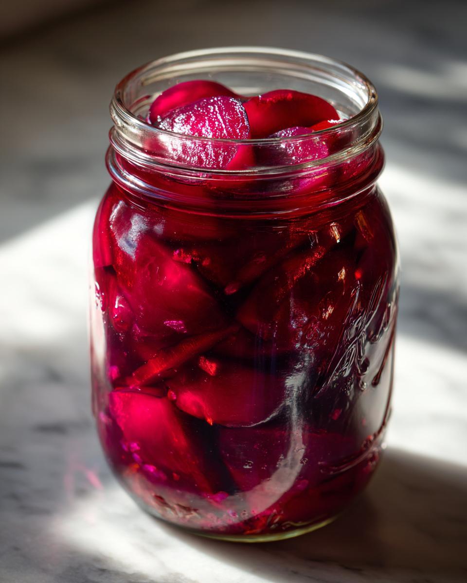 Close-up of a glass jar filled with vibrant, deep red pickled beets soaking in brine.