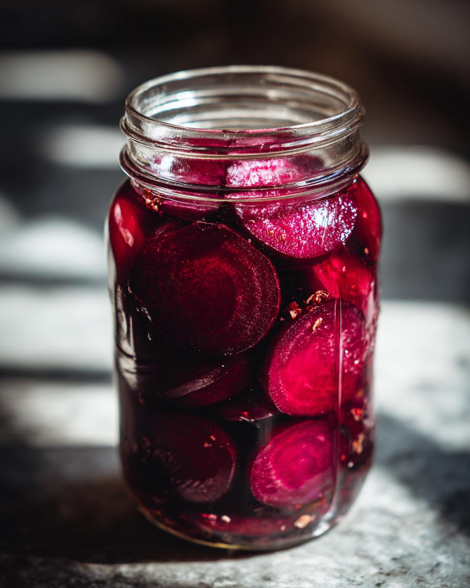 Close-up of a glass mason jar filled with vibrant, deep red sliced pickled beets submerged in brine.