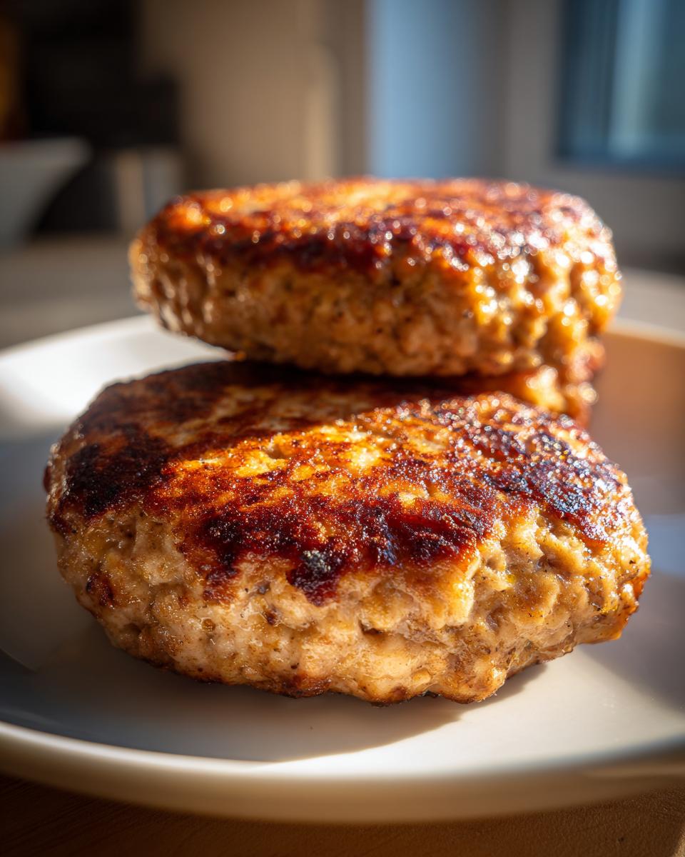 Close-up of two juicy, perfectly seared Turkey Burger patties stacked on a white plate, showing a rich brown crust.