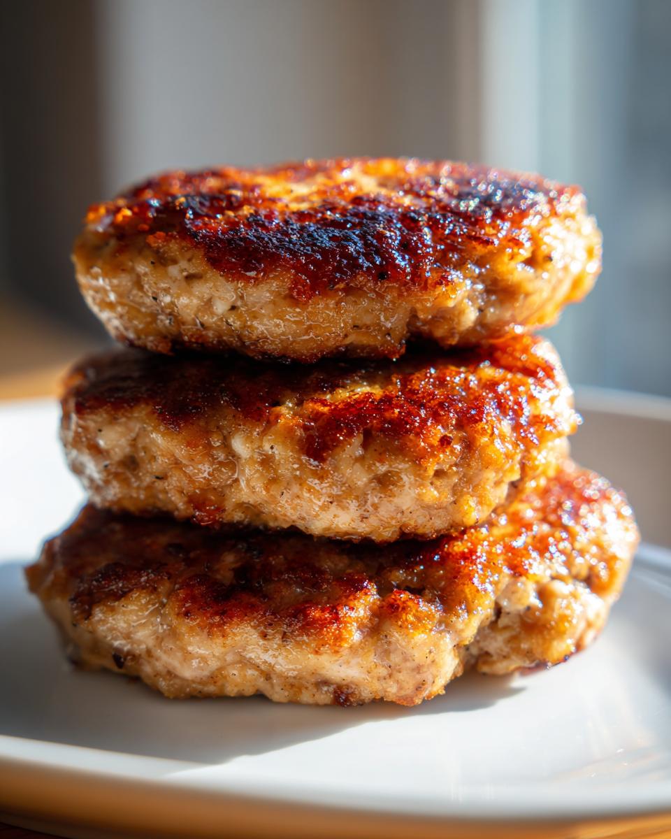 Close-up of three perfectly seared, juicy Turkey Burger patties stacked on a white plate.