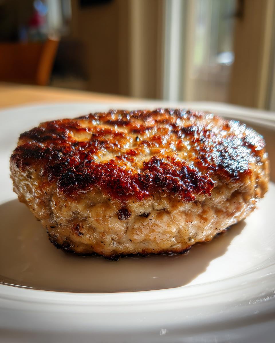 Close-up of a perfectly seared, juicy Turkey Burger patty resting on a white plate, showing a dark brown crust.