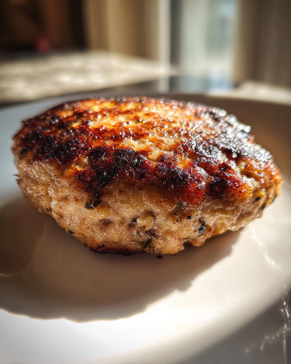 Close-up of a perfectly seared, thick Turkey Burger patty showing a dark, caramelized crust on a white plate.