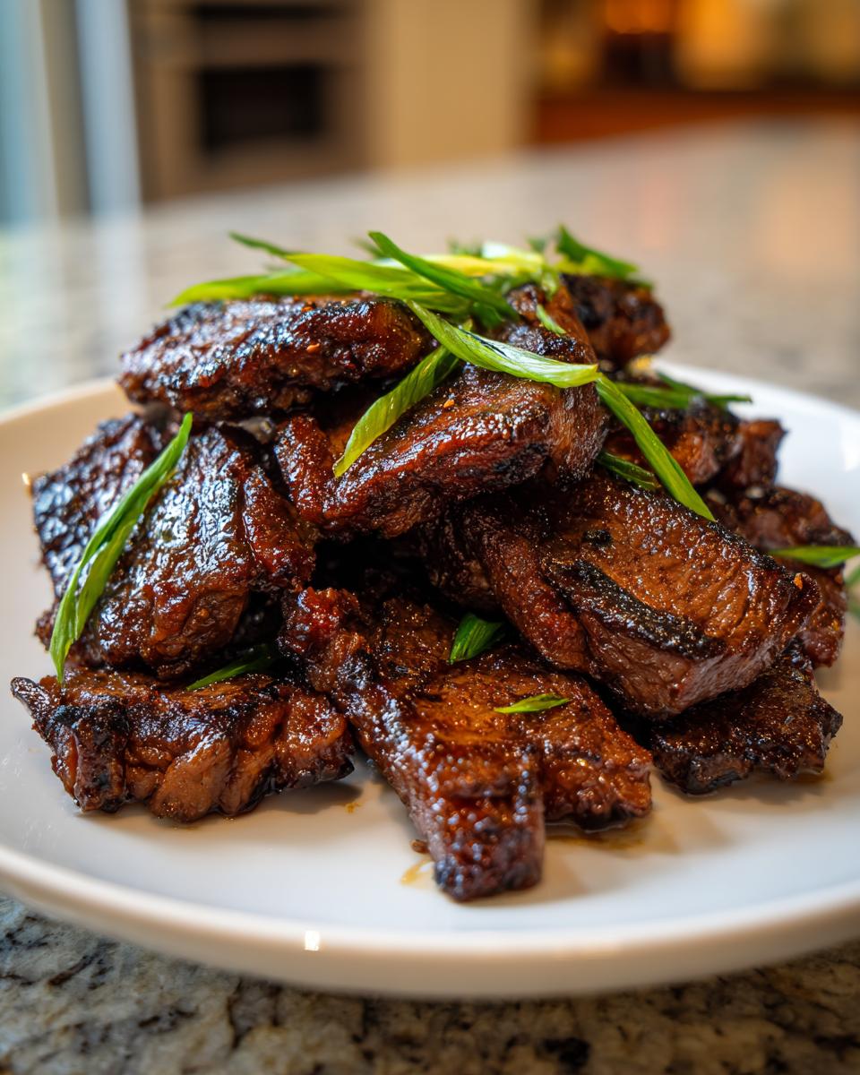 A pile of glistening, caramelized Korean Short Ribs garnished with fresh, sliced green onions.