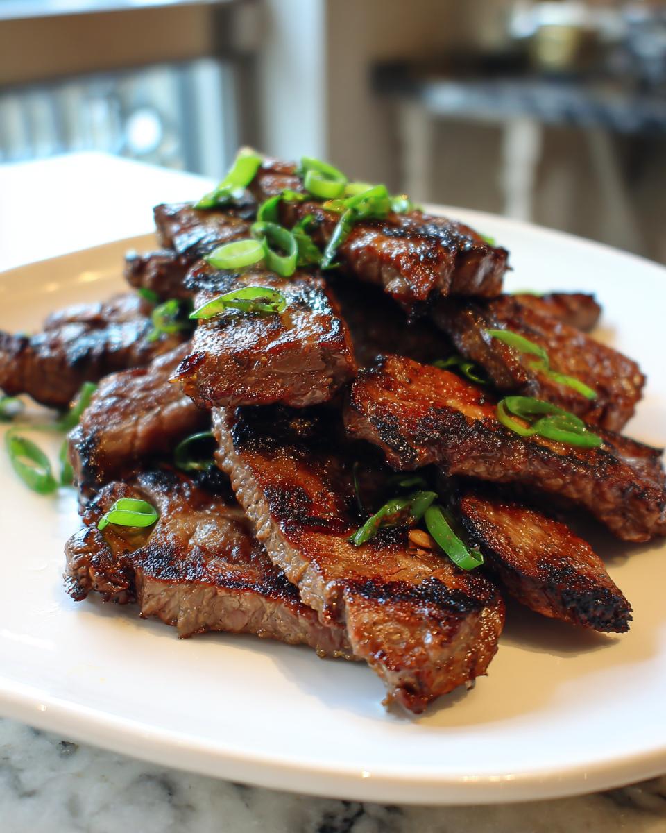 A pile of perfectly grilled Korean Short Ribs, caramelized and topped with fresh green onions.