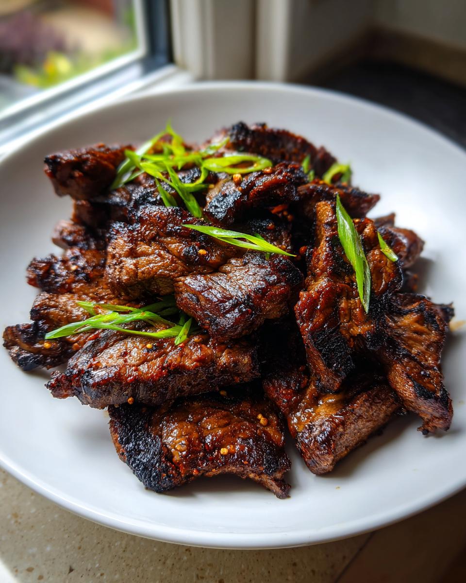 A white plate piled high with caramelized, grilled Korean Short Ribs, garnished with fresh sliced green onions.
