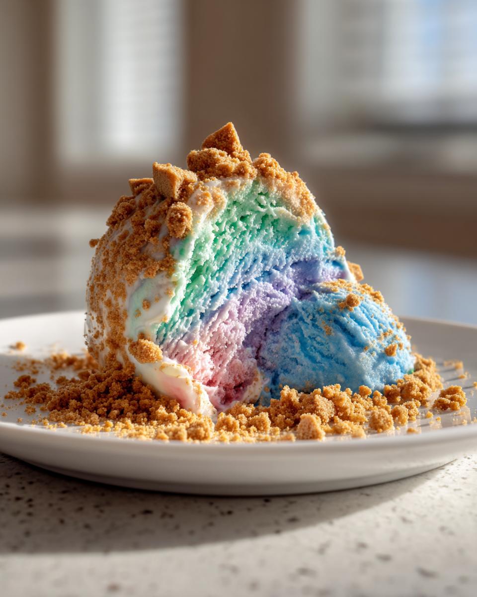 A scoop of multi-colored Mermaid Ice Cream showing layers of blue, purple, pink, and green, covered in graham cracker crumbs.