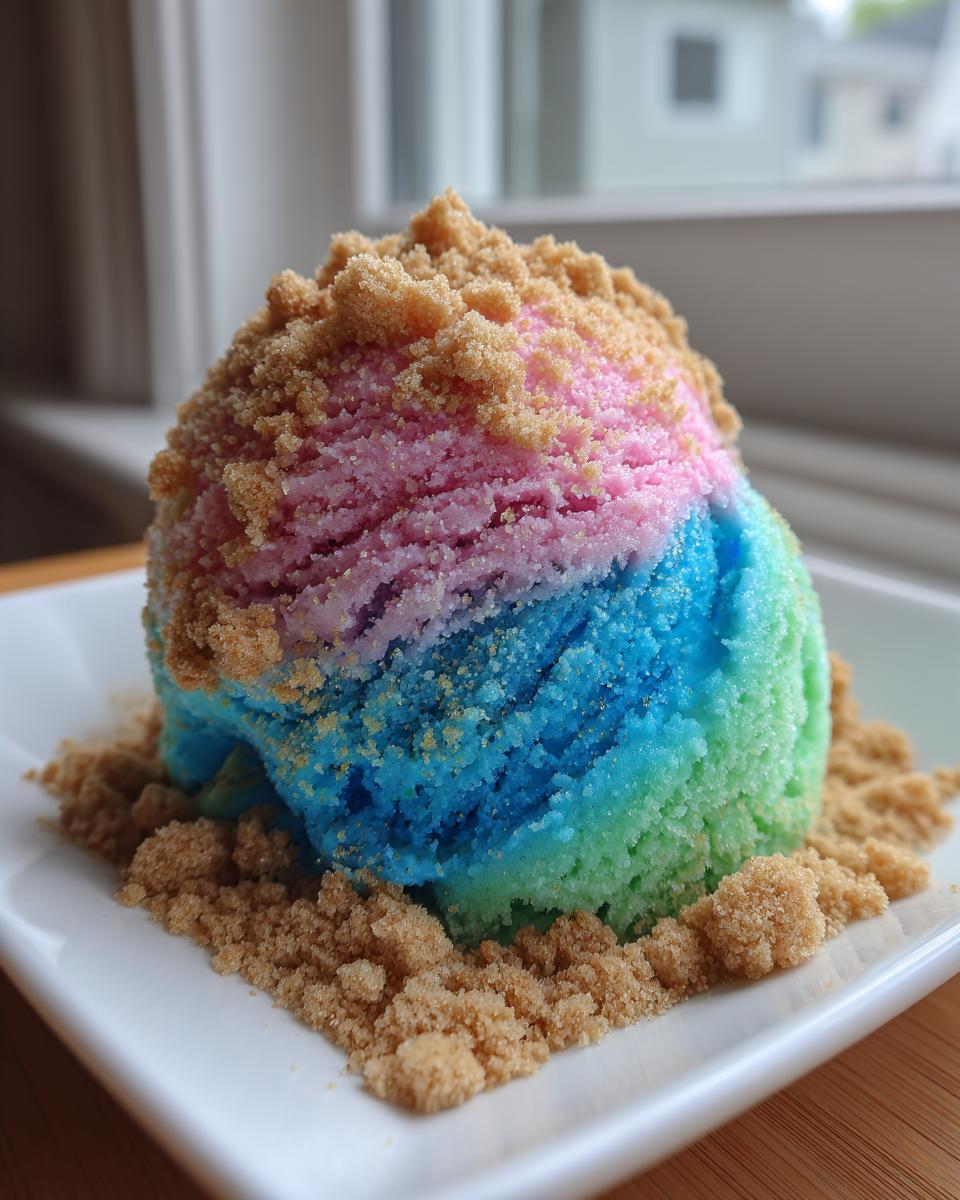 A scoop of brightly colored, layered Mermaid Ice Cream (pink, blue, green) topped and surrounded by brown sugar 'sand'.