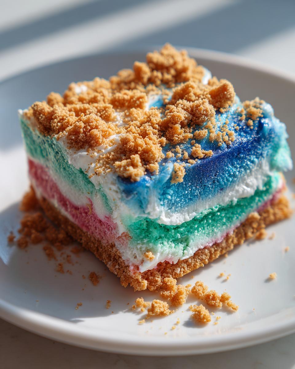 Close-up of a square slice of layered Mermaid Ice Cream featuring blue, green, and pink layers on a graham cracker crust, topped with crumbs.