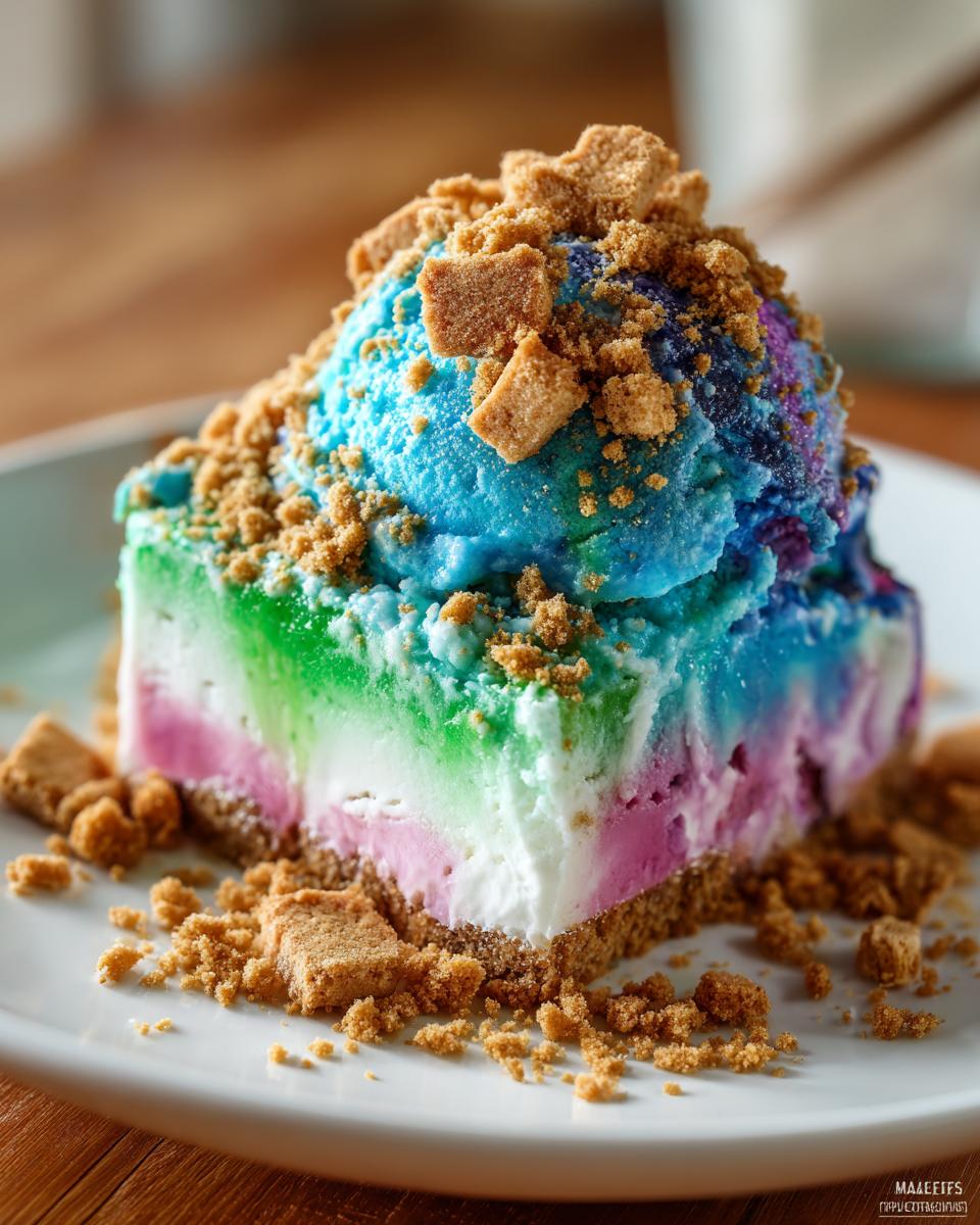 A colorful slice of 4-layer Mermaid Ice Cream featuring blue, green, white, and pink layers on a graham cracker crust, topped with a scoop of blue ice cream and cookie crumbs.
